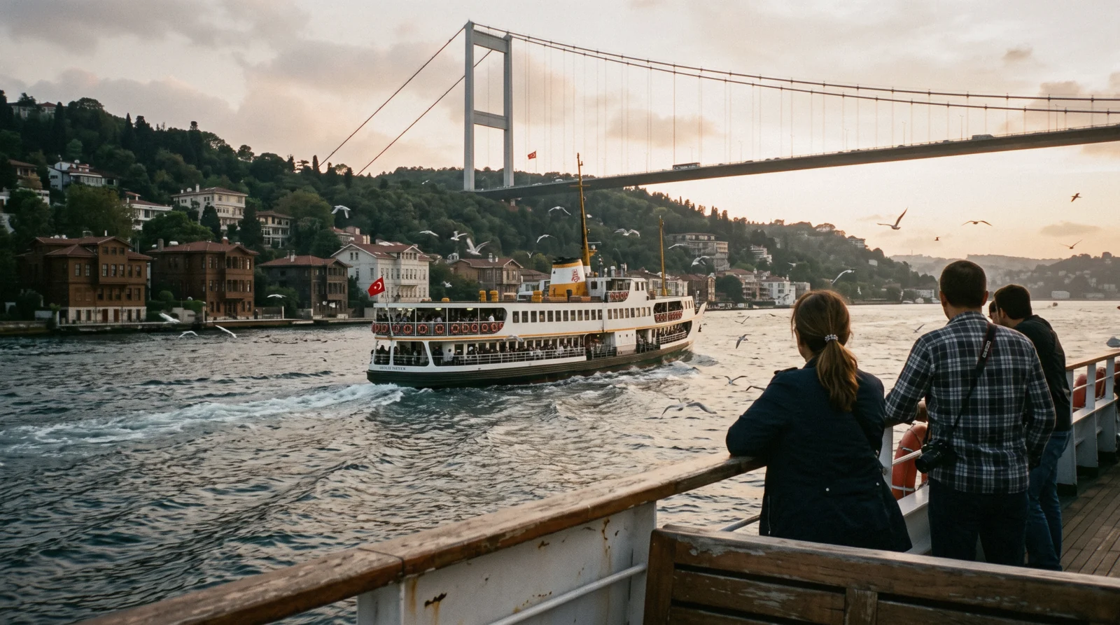 A ferry passing wooden yali houses and the bridge on the Bosphorus in Istanbul, Türkiye