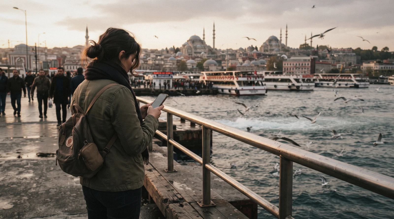 A traveller checking a phone map beside a ferry pier in Istanbul, Türkiye