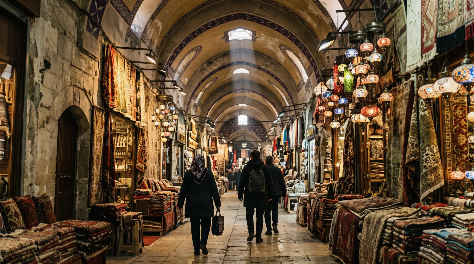 Painted vaults and lantern shops along a covered street of the Grand Bazaar in Istanbul, Türkiye