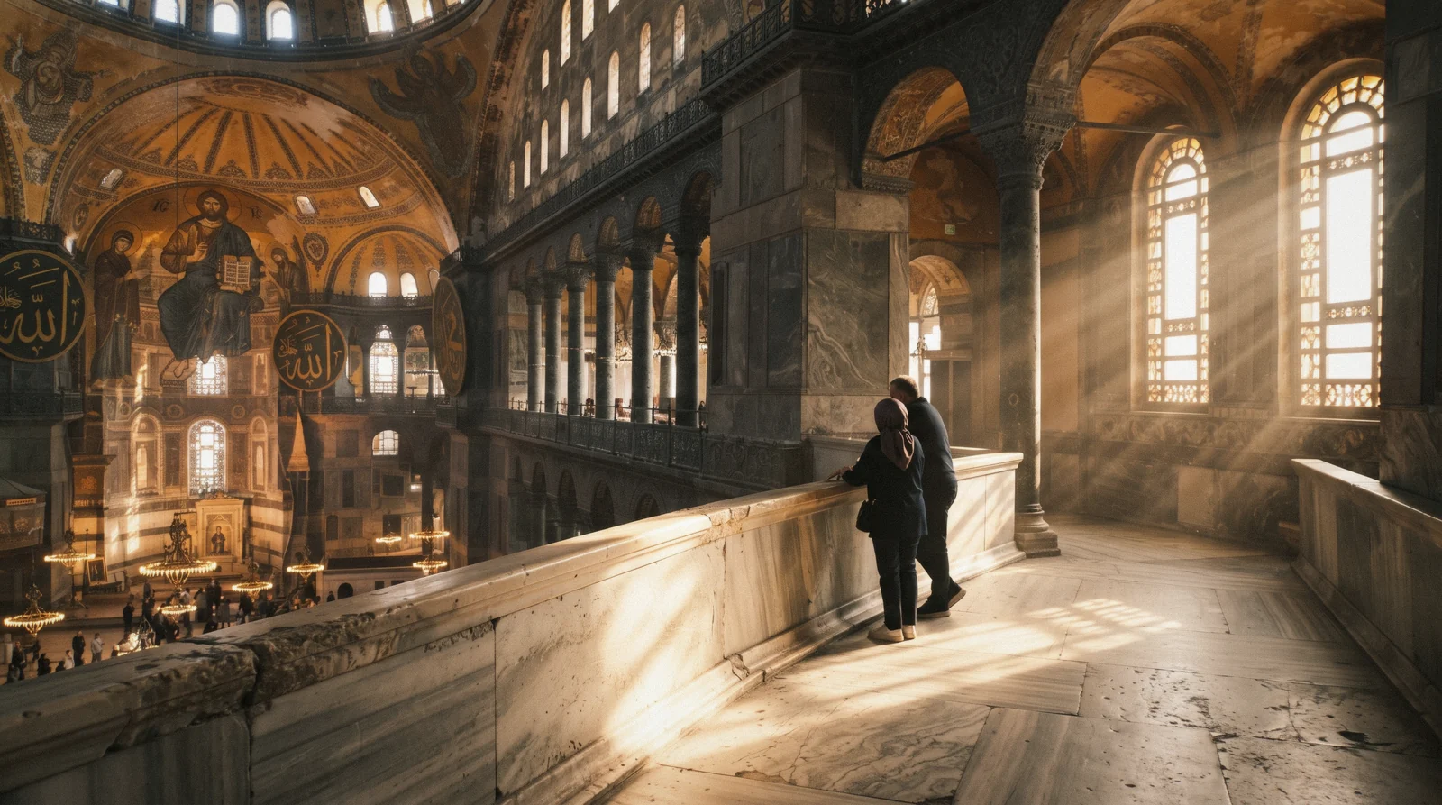 Morning light through the upper-gallery windows onto the mosaics of the Hagia Sophia in Istanbul, Türkiye