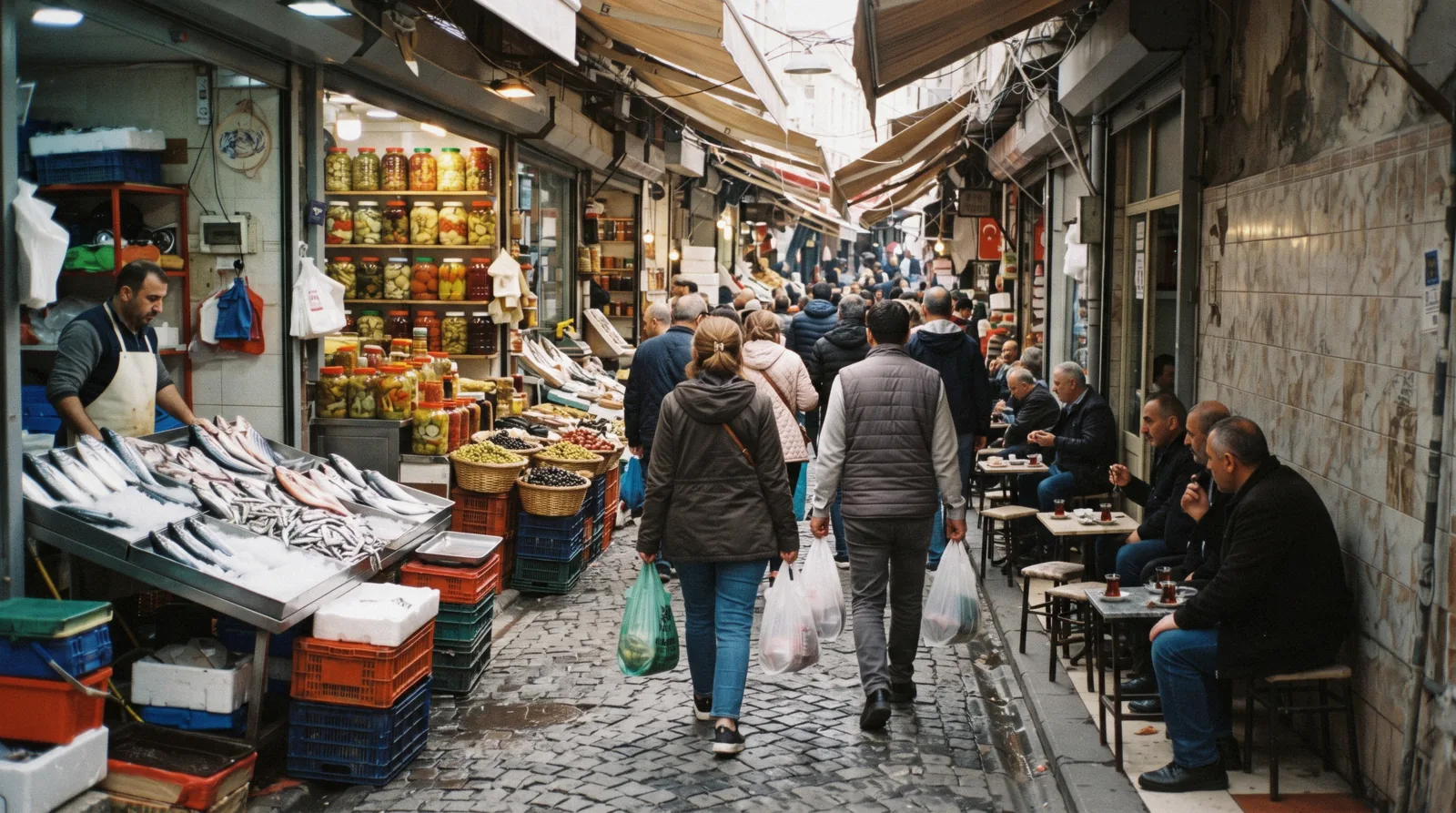 Market stalls and cafe tables in the streets of Kadikoy on the Asian side of Istanbul, Türkiye