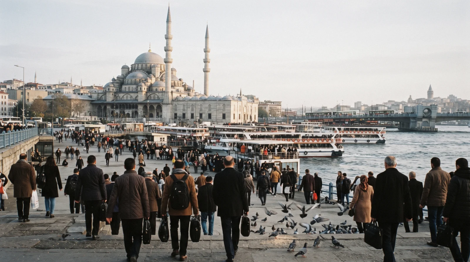 The domes of the New Mosque above the ferry piers at Eminonu in Istanbul, Türkiye