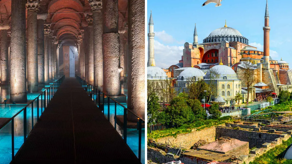 Audio-guide visitors under the columns of the Basilica Cistern in Istanbul, Türkiye